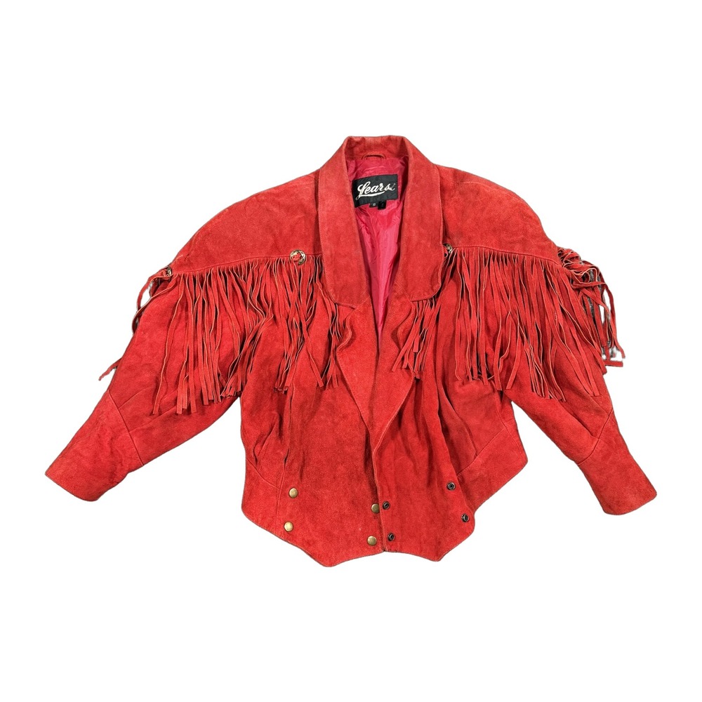 Lears Red Genuine Leather Western Fringe Jacket Womens Small Cropped Concho Vtg